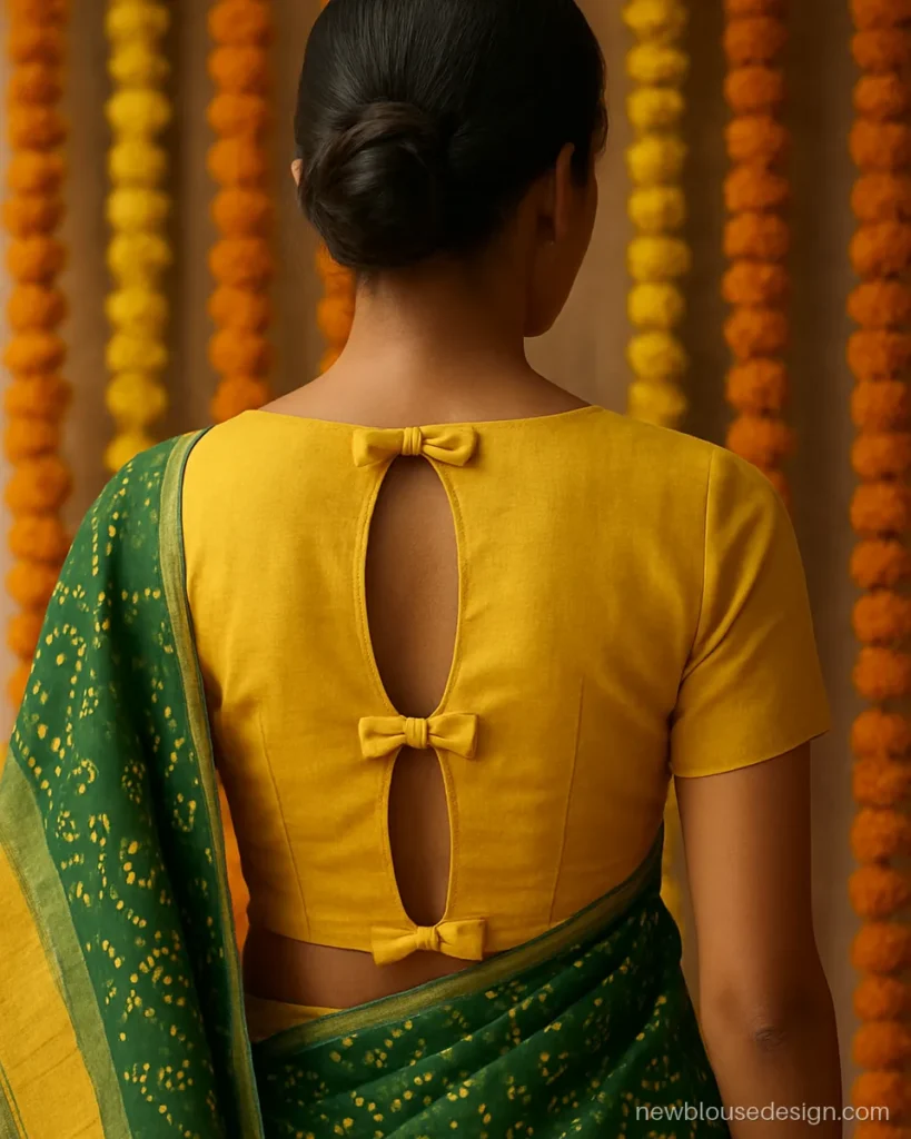 Two small bows stacked on a yellow blouse back, a back side bow design blouse