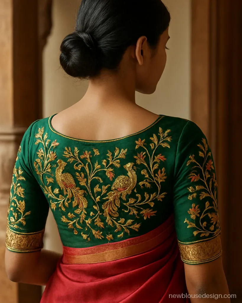 Bottle green silk bridal blouse with full coverage aari work on back and sleeves