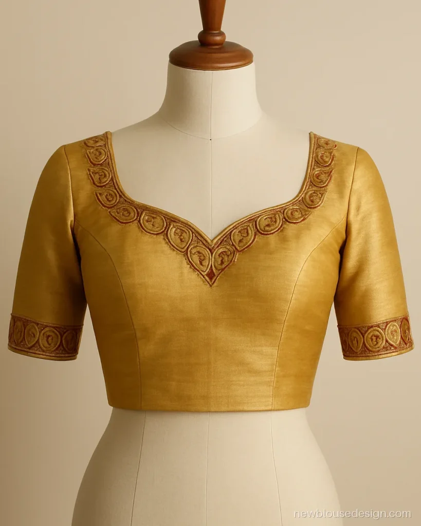 Gold tissue bridal blouse front with mango motif aari work and sweetheart neck