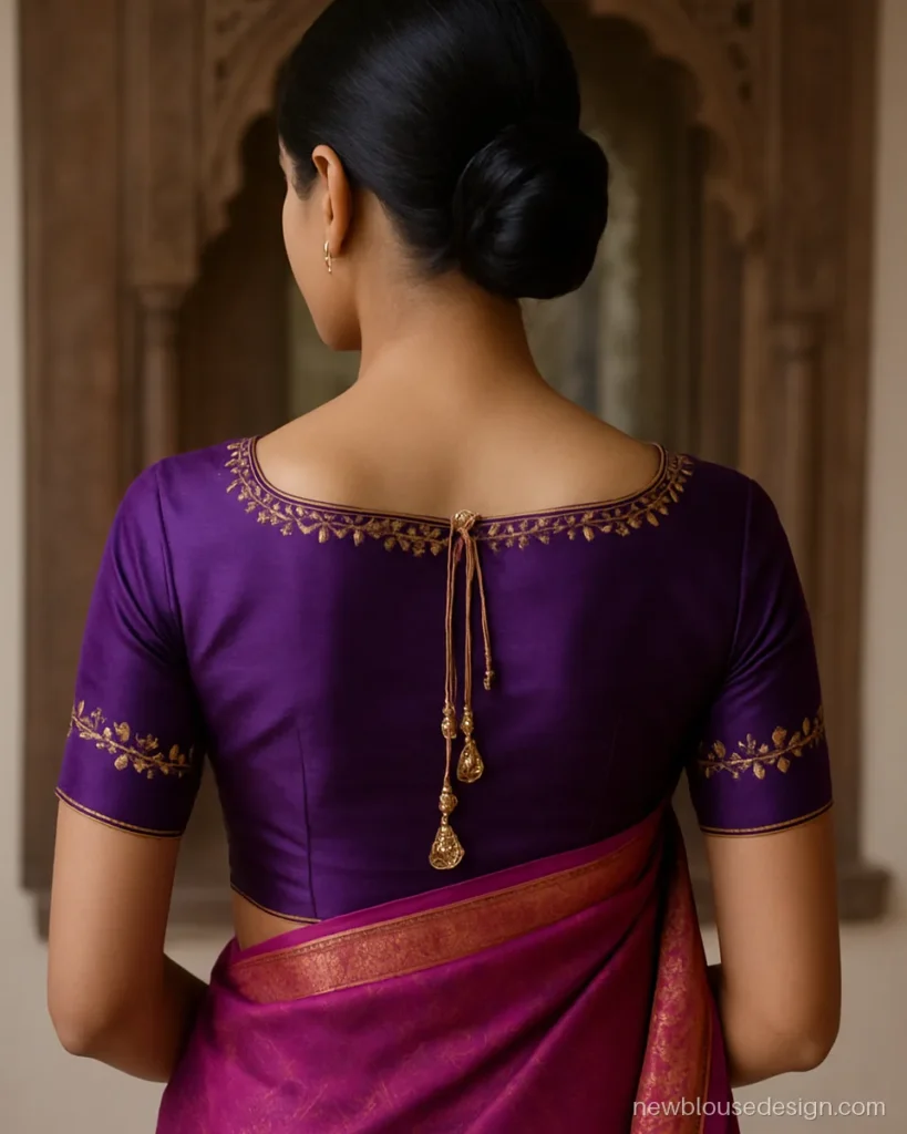 Purple bridal blouse back with aari creeper, stone work and long latkans