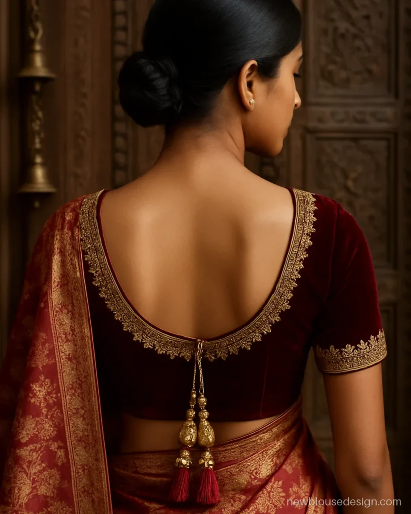 Bridal blouse back design in red velvet with deep U neck and zardozi