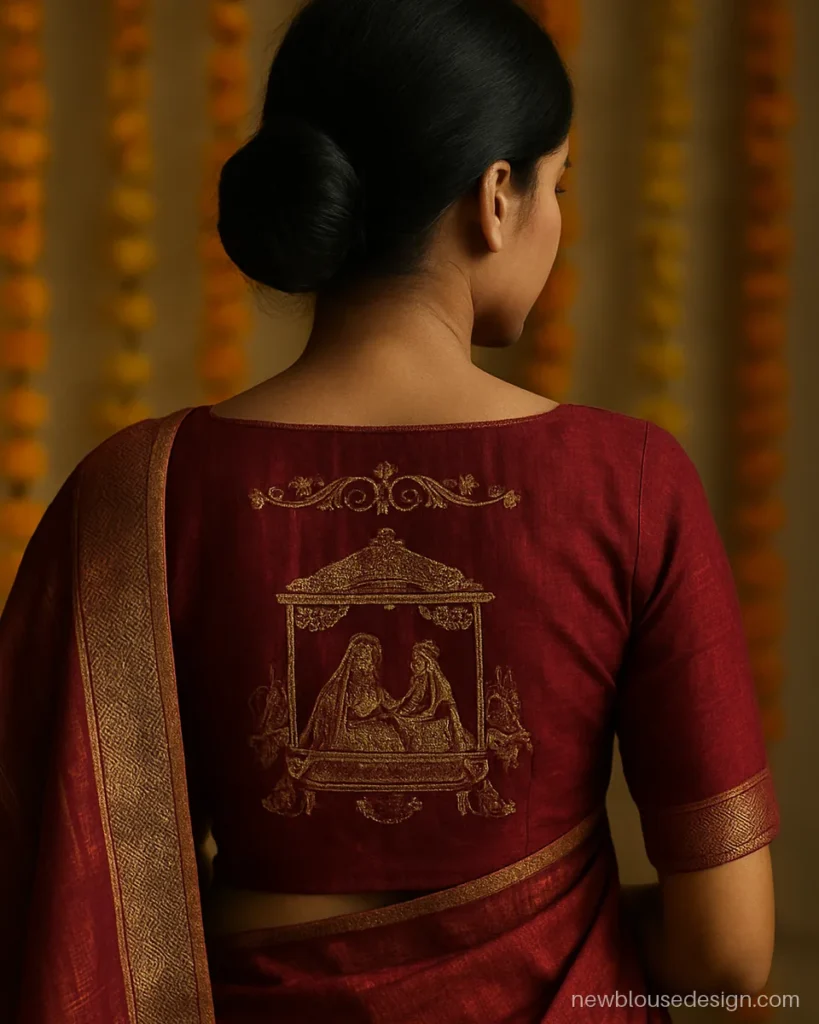 Wedding husband name blouse design with doli and couple scene embroidery on maroon silk
