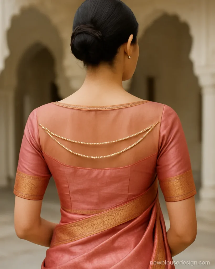 Bride blouse design back with pink sheer net yoke and pearl strings