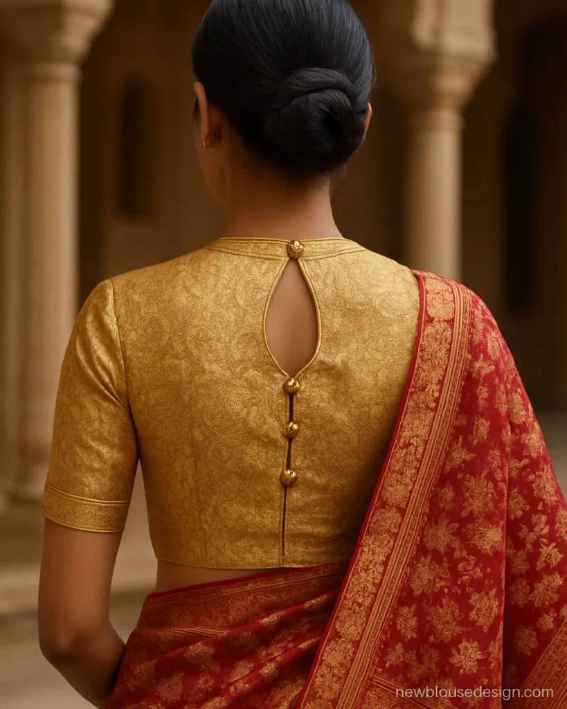 Wedding simple blouse back design in gold Banarasi with keyhole and buttons