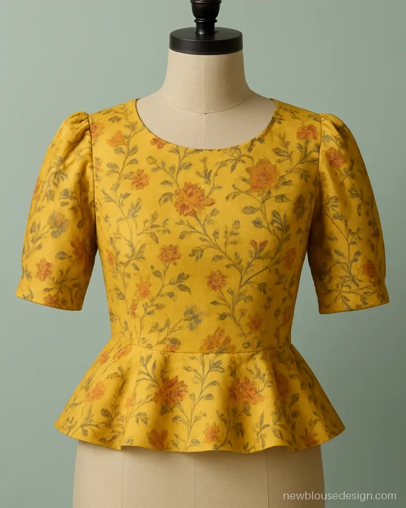 Floral printed haldi blouse with short peplum and elbow puff sleeves