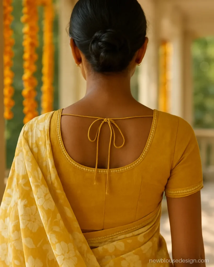 Haldi blouse design in yellow cotton with gota patti border and tie back