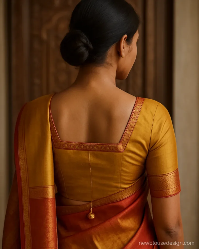 Wedding traditional back side blouse design in mustard Kanjivaram with temple border