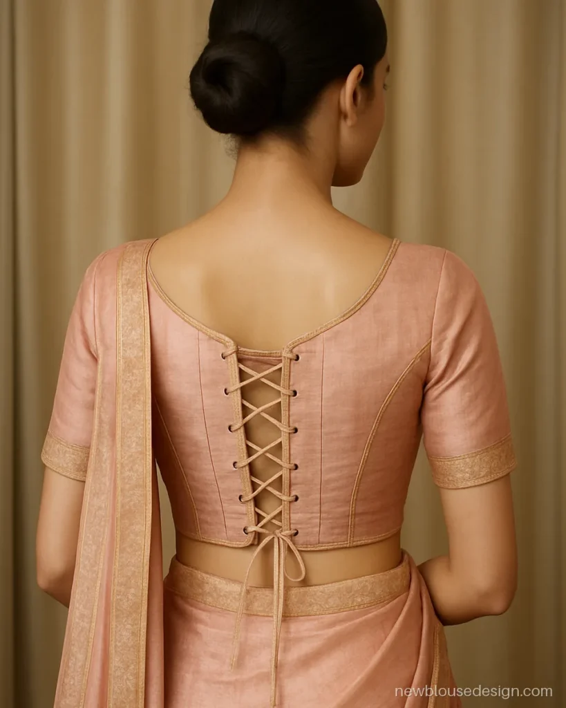 Blush pink bridal lehenga blouse with corset style back and lace up dori