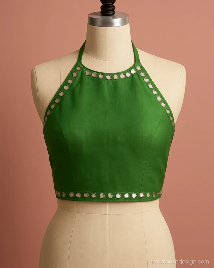 Parrot green mehndi blouse with mirror work and halter neck