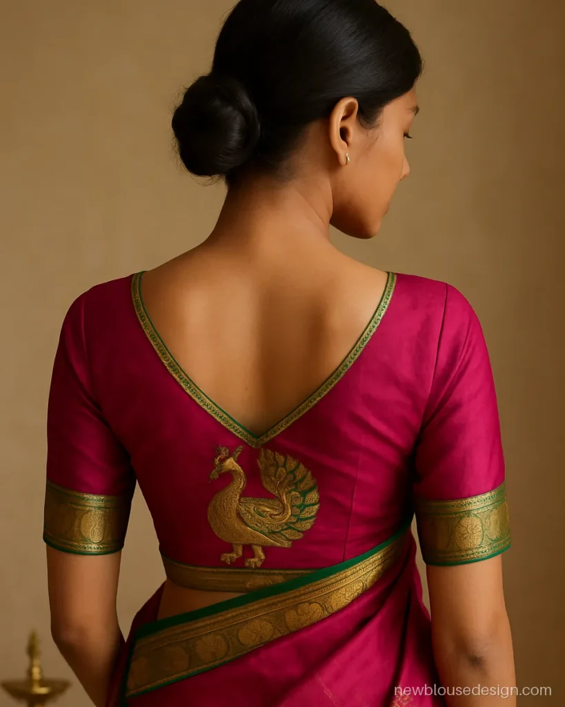 Wedding paithani blouse design patterns back neck with peacock motif and magenta silk
