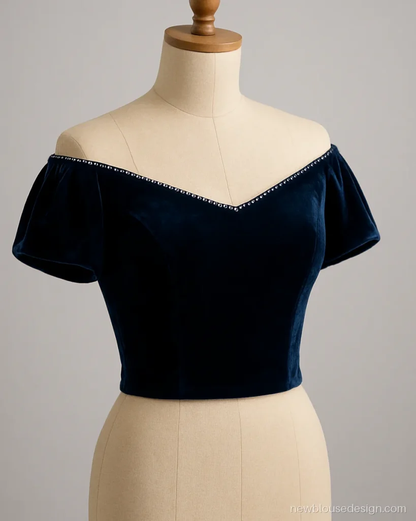 Midnight blue reception blouse with off shoulder neckline and crystal work