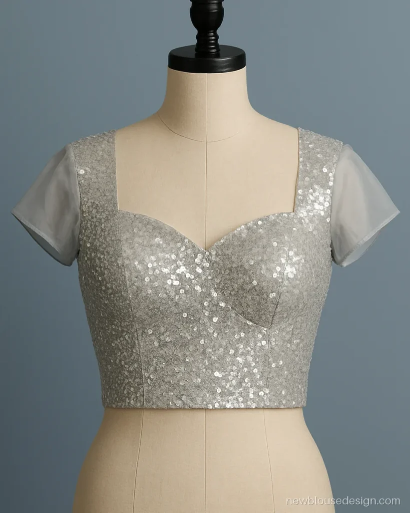 Silver sequin reception blouse with sweetheart front and sheer cap sleeves