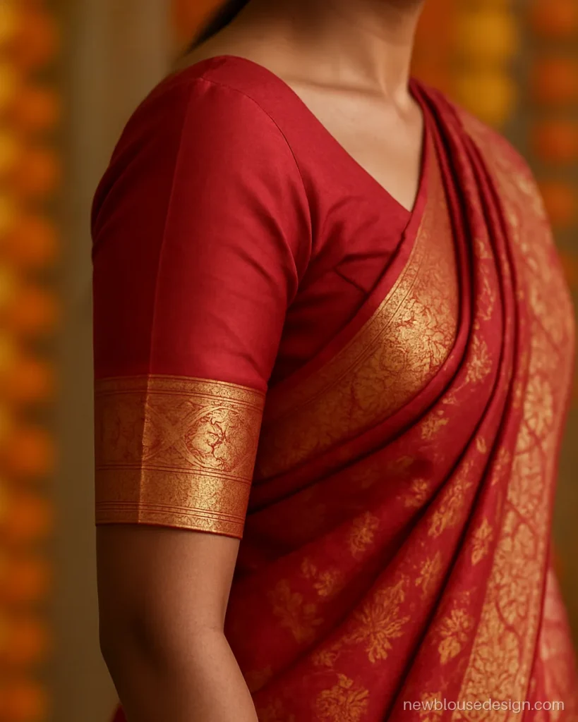Red bridal blouse sleeves design with wide zari border band at the elbow