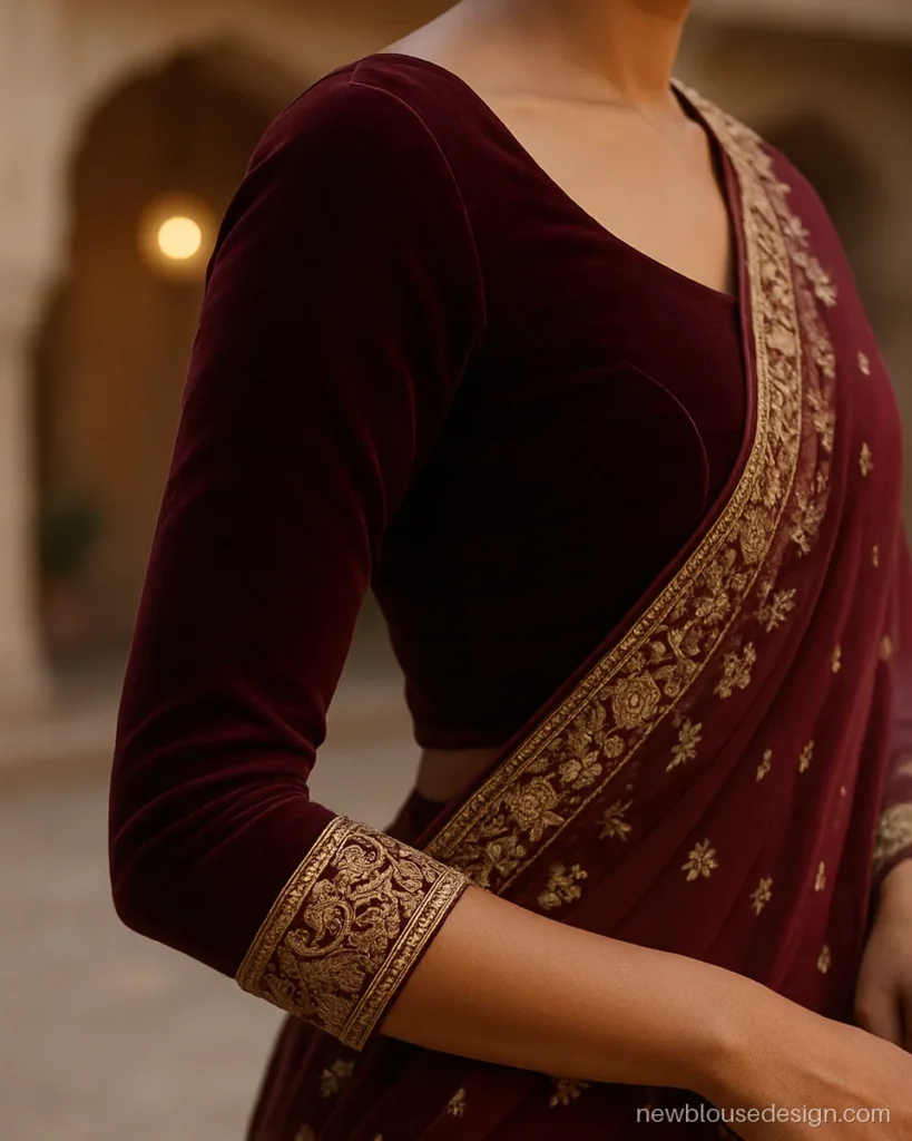 Full sleeve bridal blouse in wine velvet with zardozi cuffs