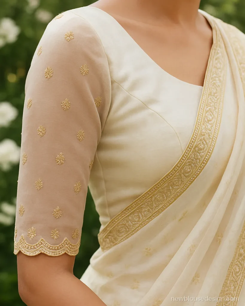Ivory net bridal sleeves with scattered gold motifs and scalloped hem