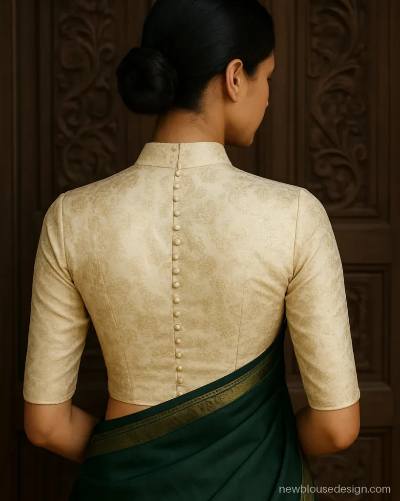 Ivory brocade blouse back with a high collar and a row of pearl buttons