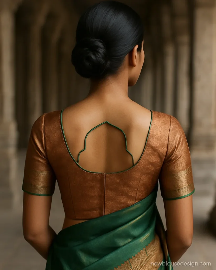 Copper brocade blouse back with a temple arch shaped neck and piping