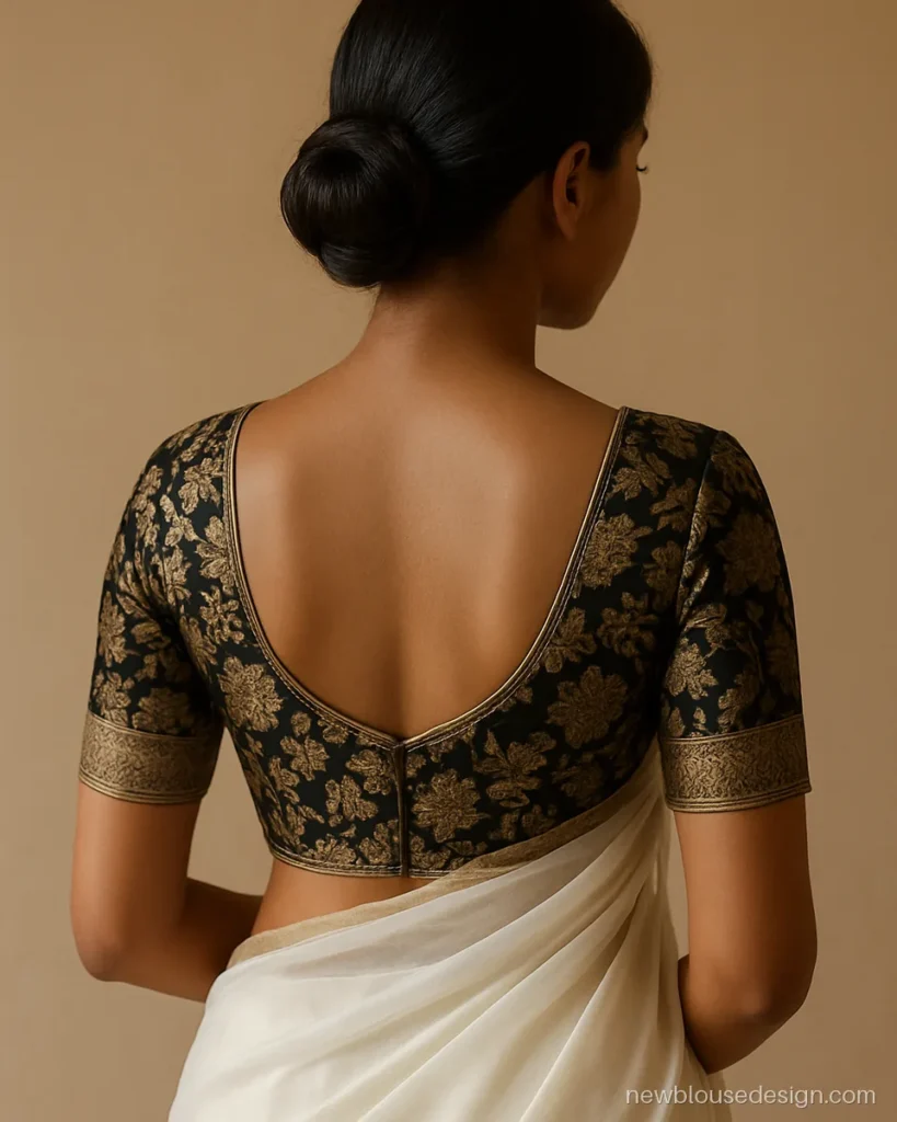 Black and gold brocade blouse back with a plain white chiffon saree