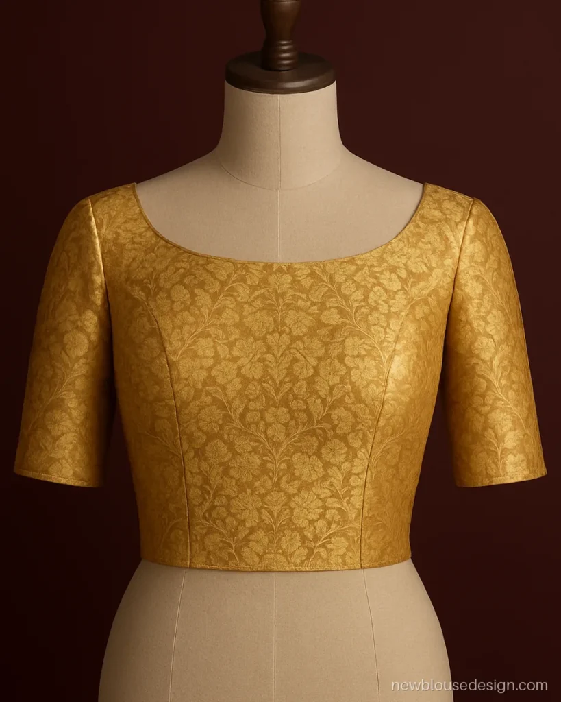 Gold brocade blouse design with a boat neck and elbow sleeves in a floral jaal