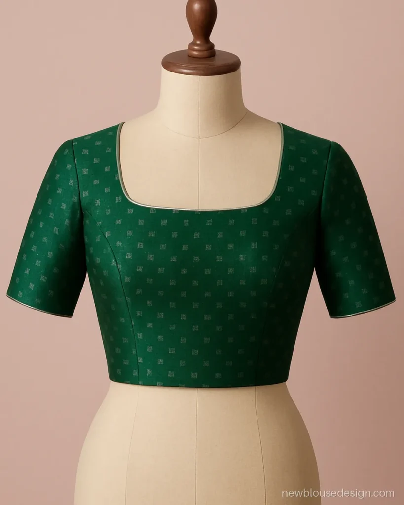 Green brocade blouse design with a square neck and silver zari checks