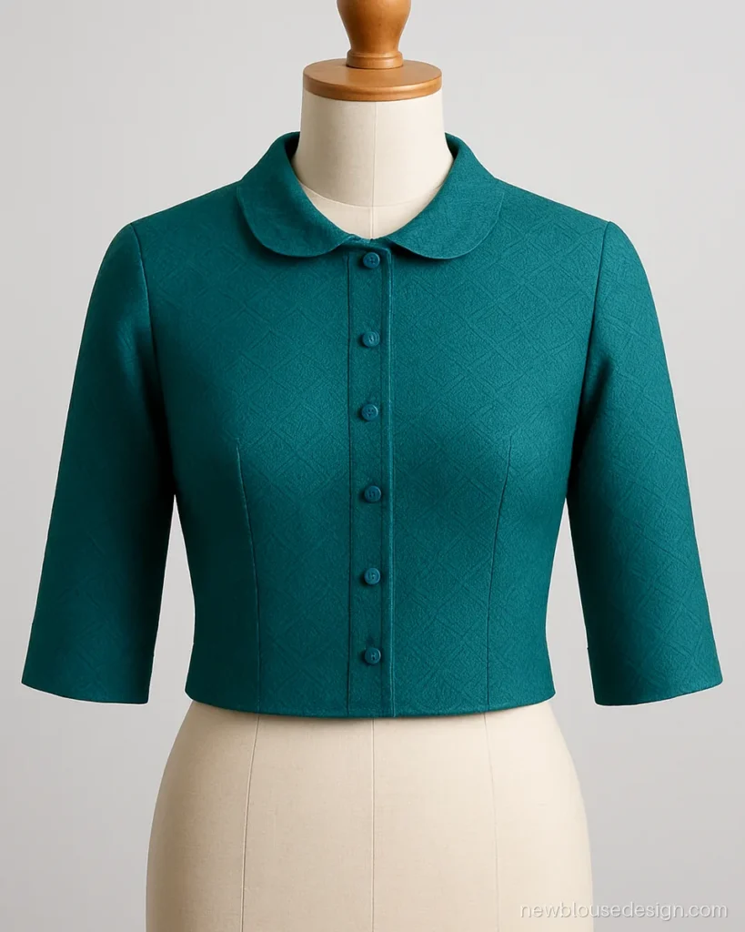 Teal jacquard blouse with a small collar and three-quarter sleeves for office