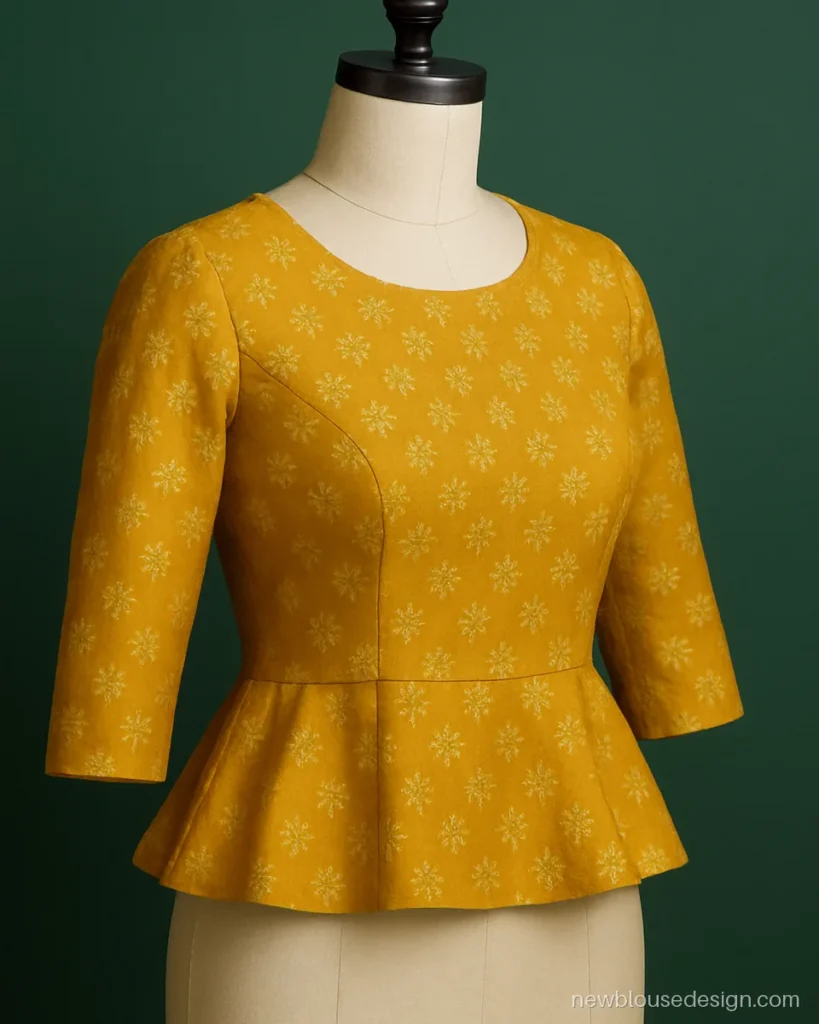 Mustard brocade peplum blouse front view for a plain green crepe saree