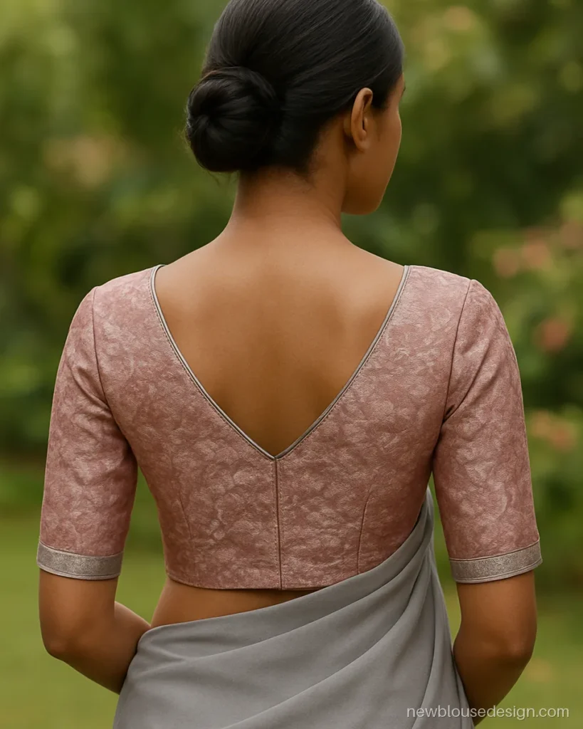 Pink brocade blouse with a V back worn with a plain grey georgette saree