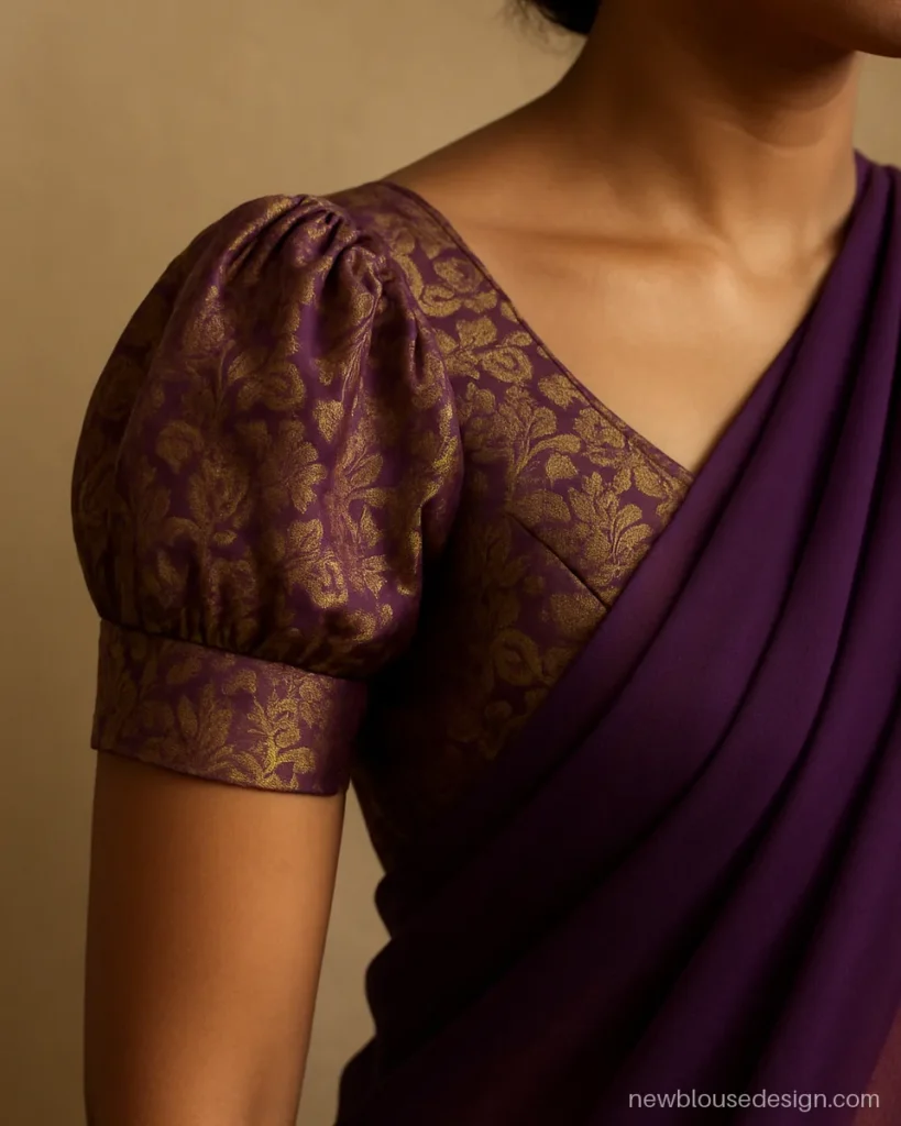 Purple brocade blouse sleeves design with a pleated puff and narrow band