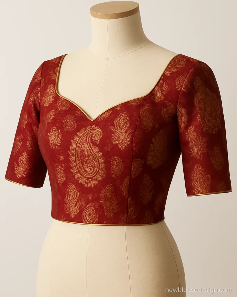 Red brocade blouse design with a sweetheart neck and gold paisley motifs