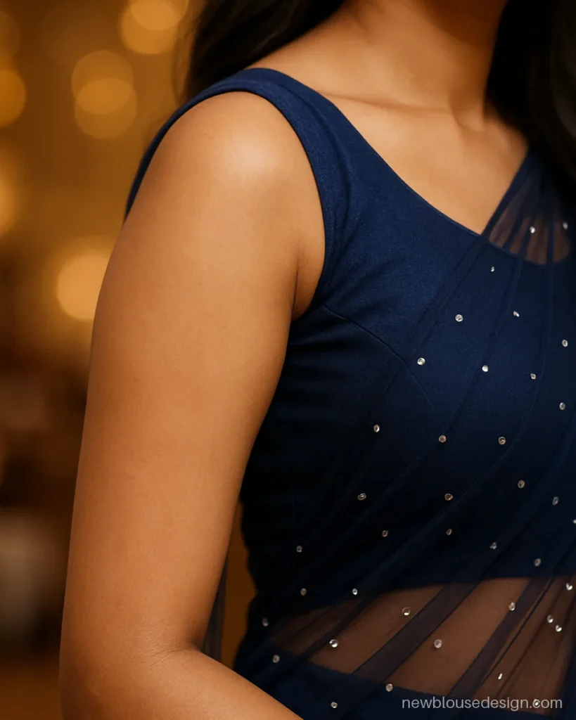 Navy cape blouse design with sheer sequin cape over the shoulders