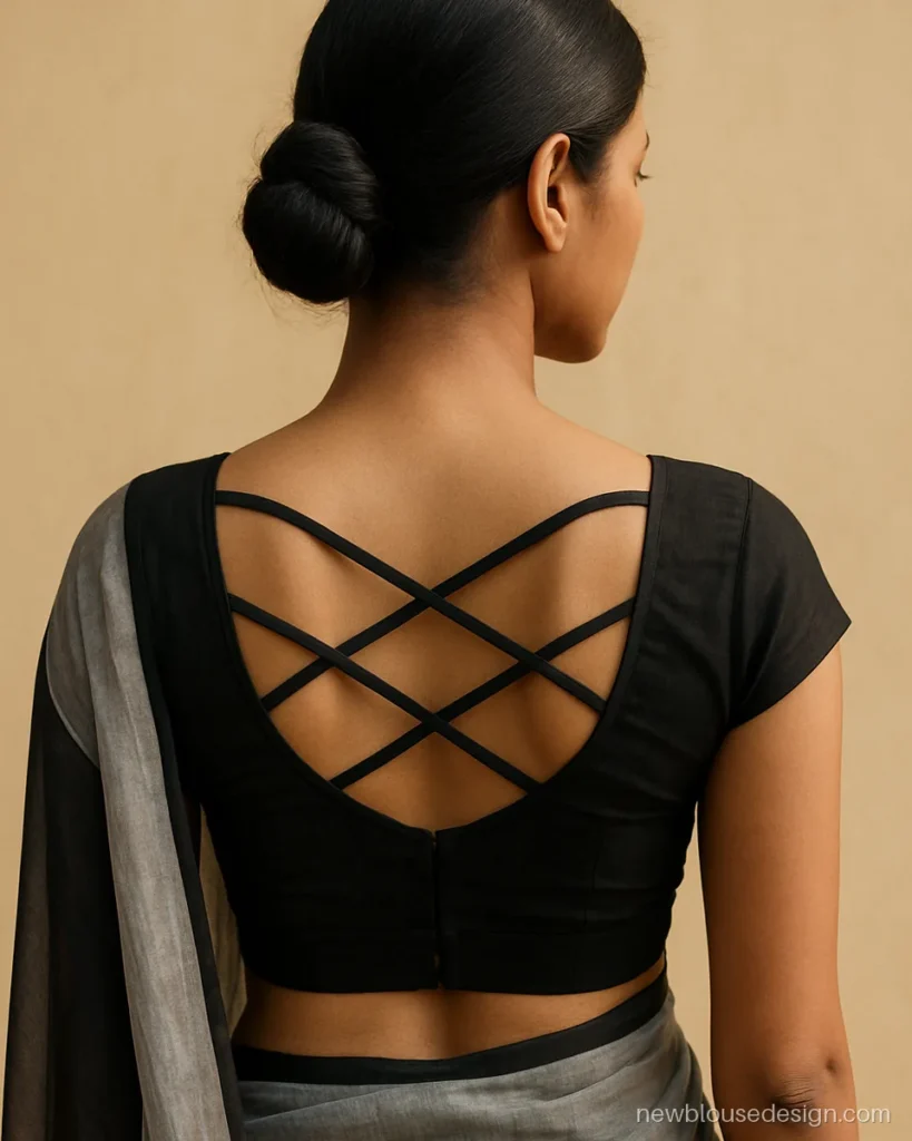 Black chiffon blouse back with criss-cross straps and a lower band