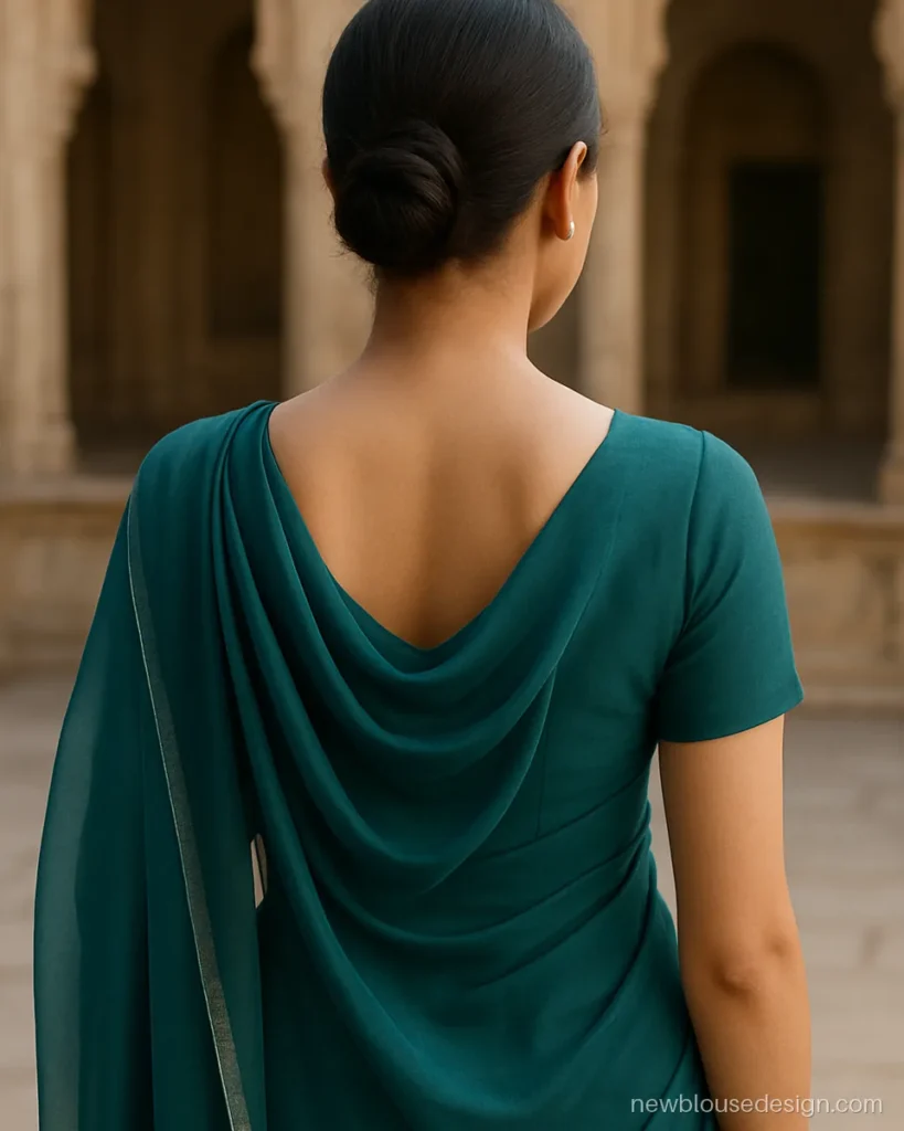 Teal chiffon blouse back with soft cowl drape at the back neck