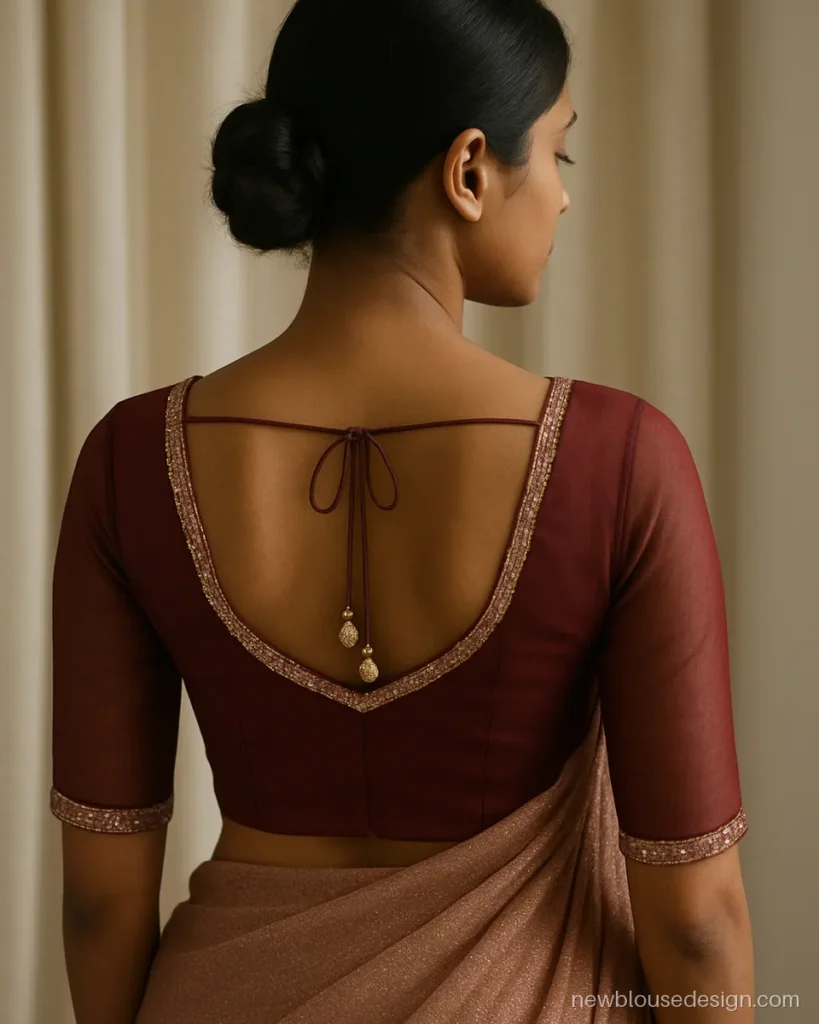 Wine chiffon blouse back with deep U neck and sequin border