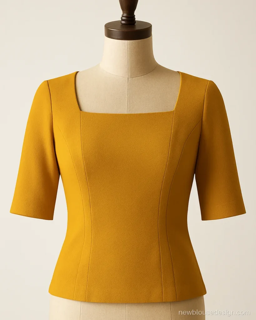 Mustard crepe blouse with square neck and elbow sleeves on a dress form