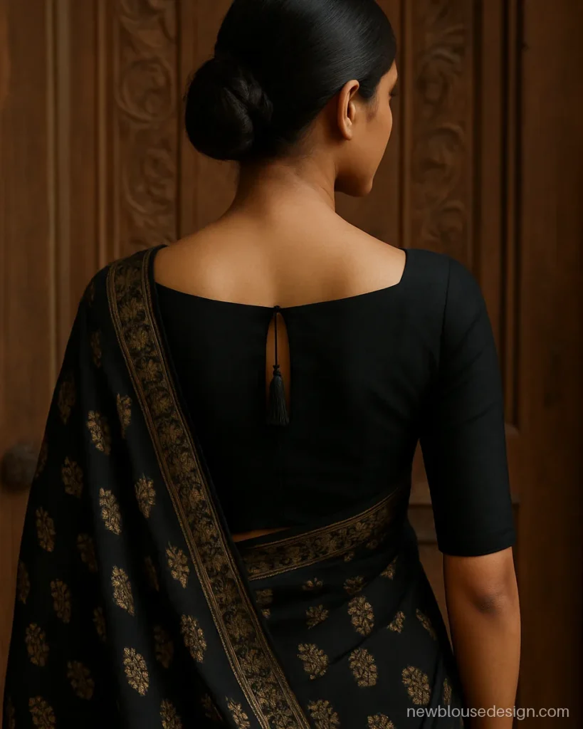 Black georgette blouse back with boat neck and single silk tassel
