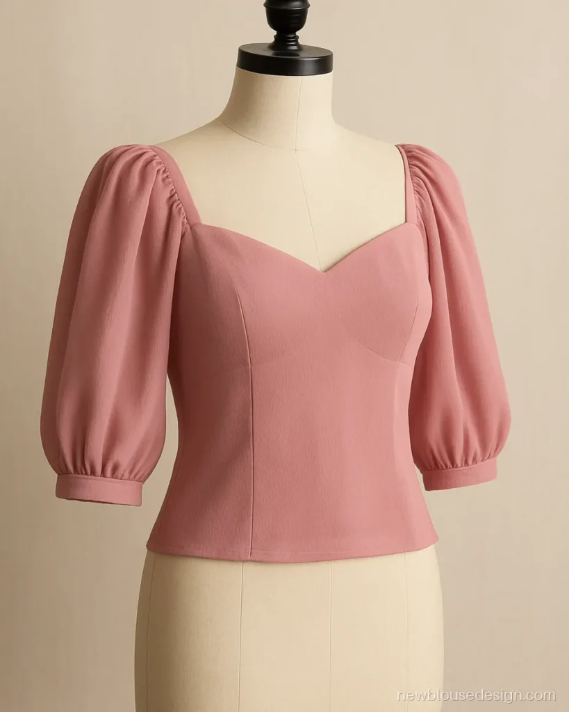 Pink georgette blouse with soft puff sleeves on a dress form
