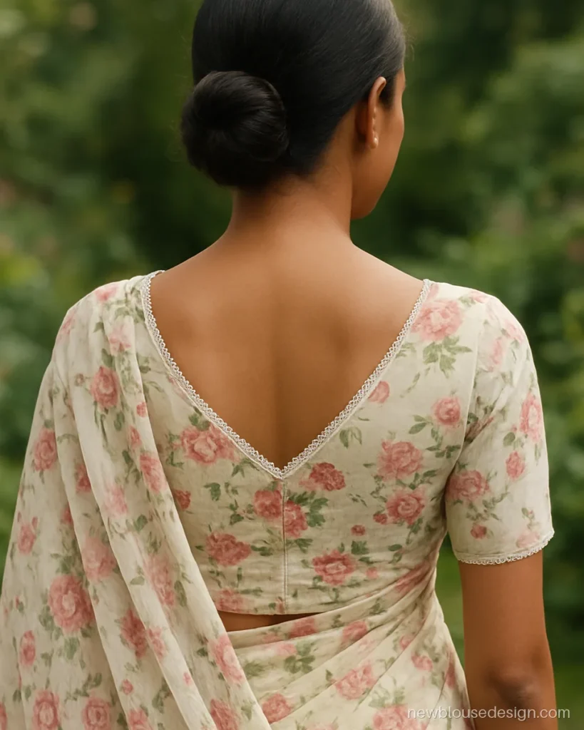 Floral print chiffon blouse back with V neck and narrow lace edging