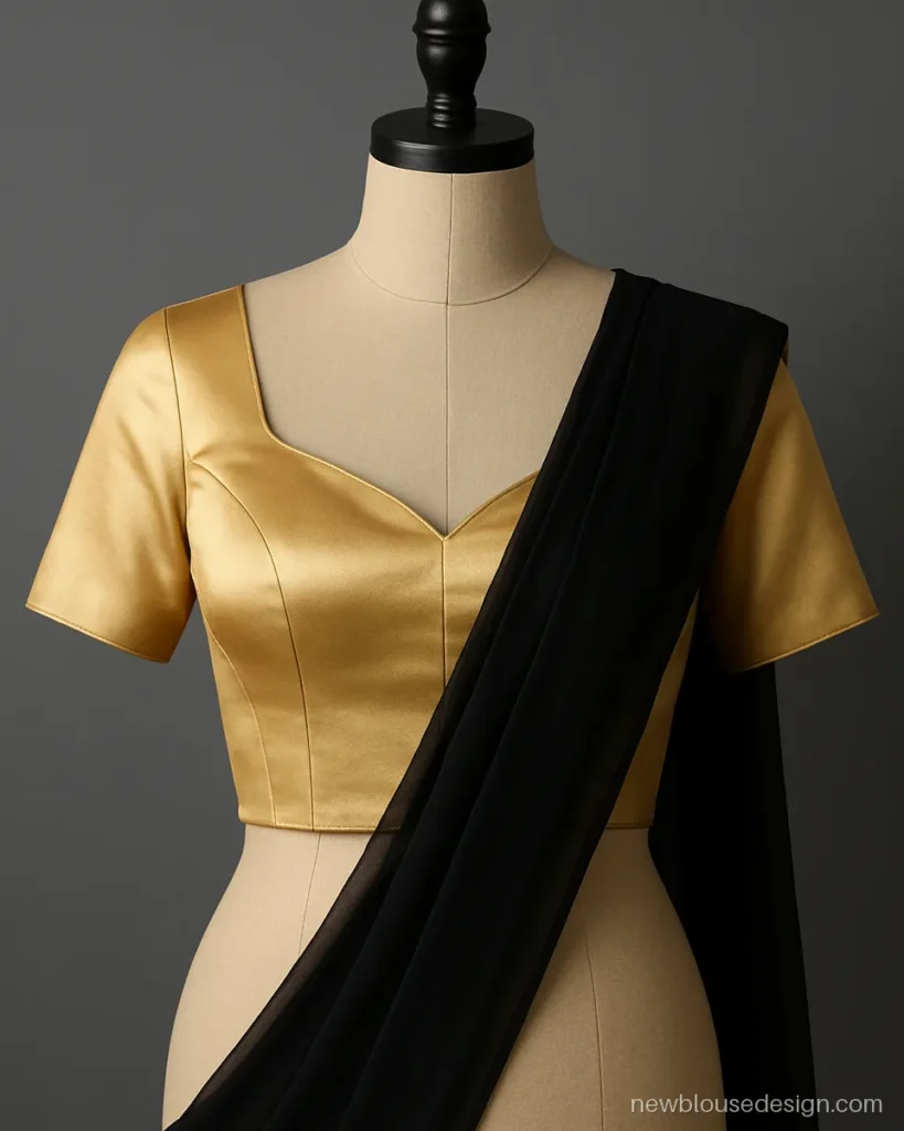 Gold satin blouse with sweetheart neck worn with a black chiffon saree