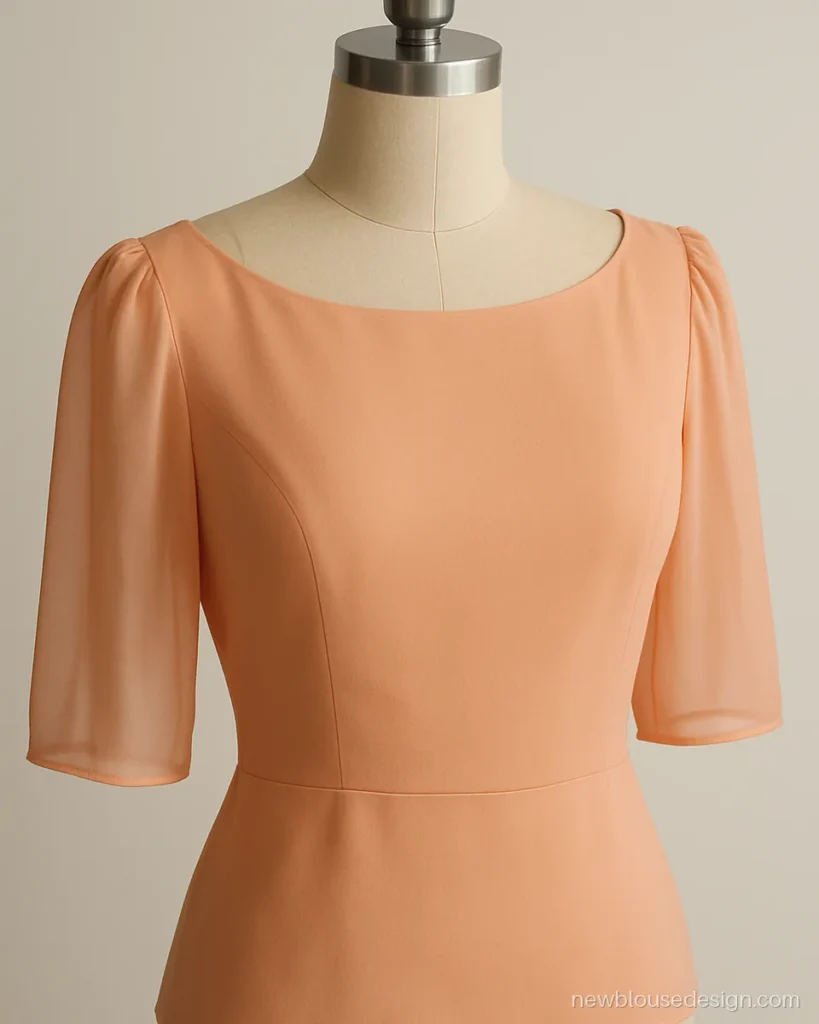 Peach chiffon blouse with full lining and boat neck on a dress form