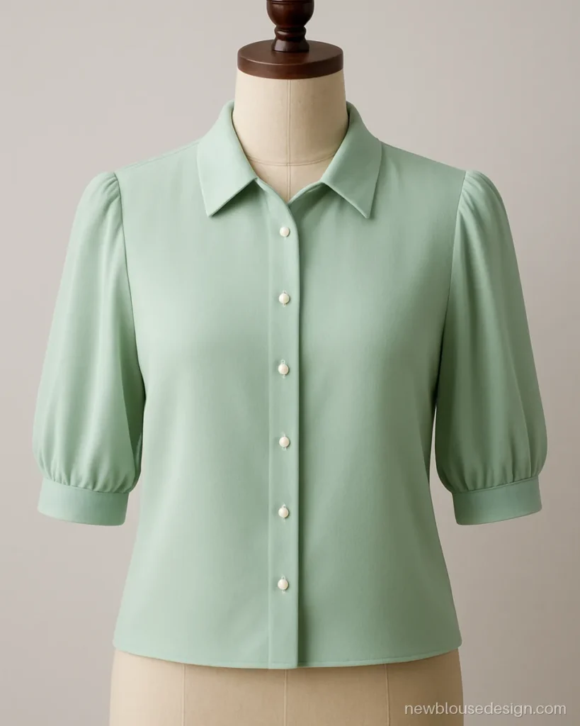 Mint chiffon blouse with small collar and elbow sleeves on a dress form