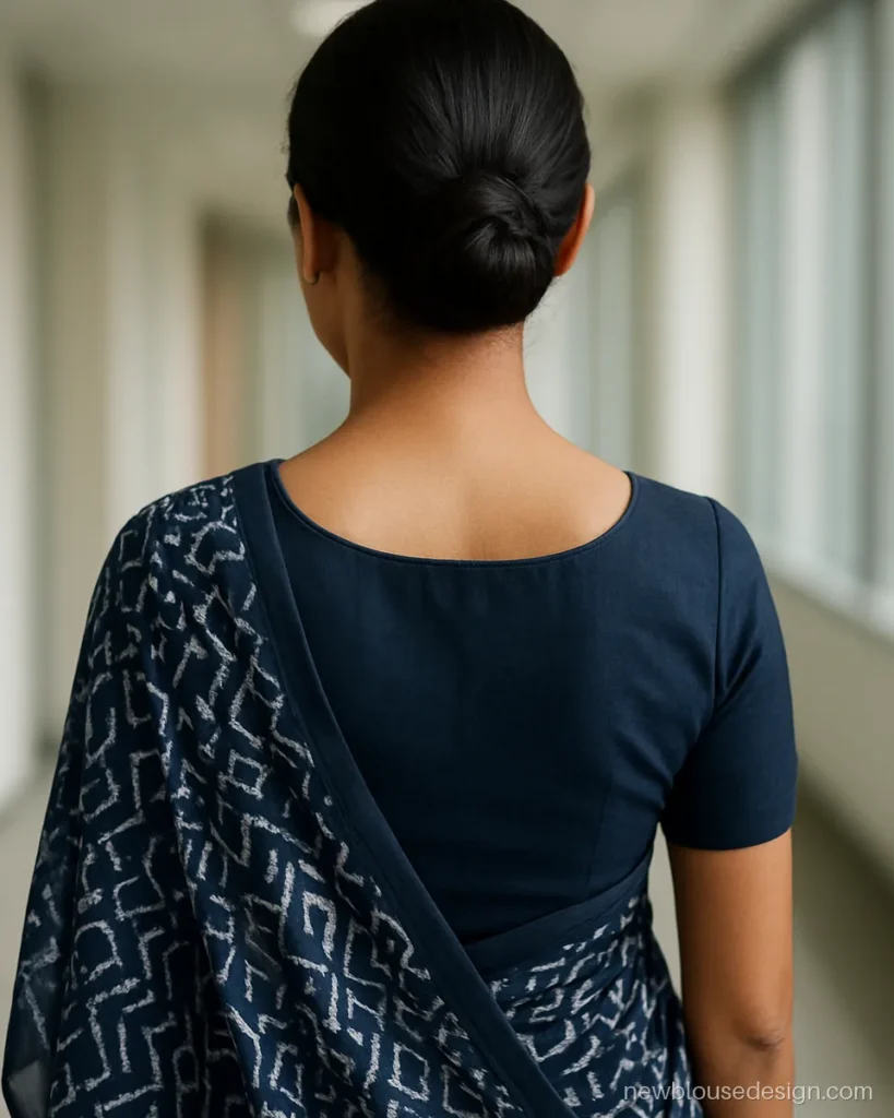 Simple chiffon blouse back design in navy with round neck and short sleeves