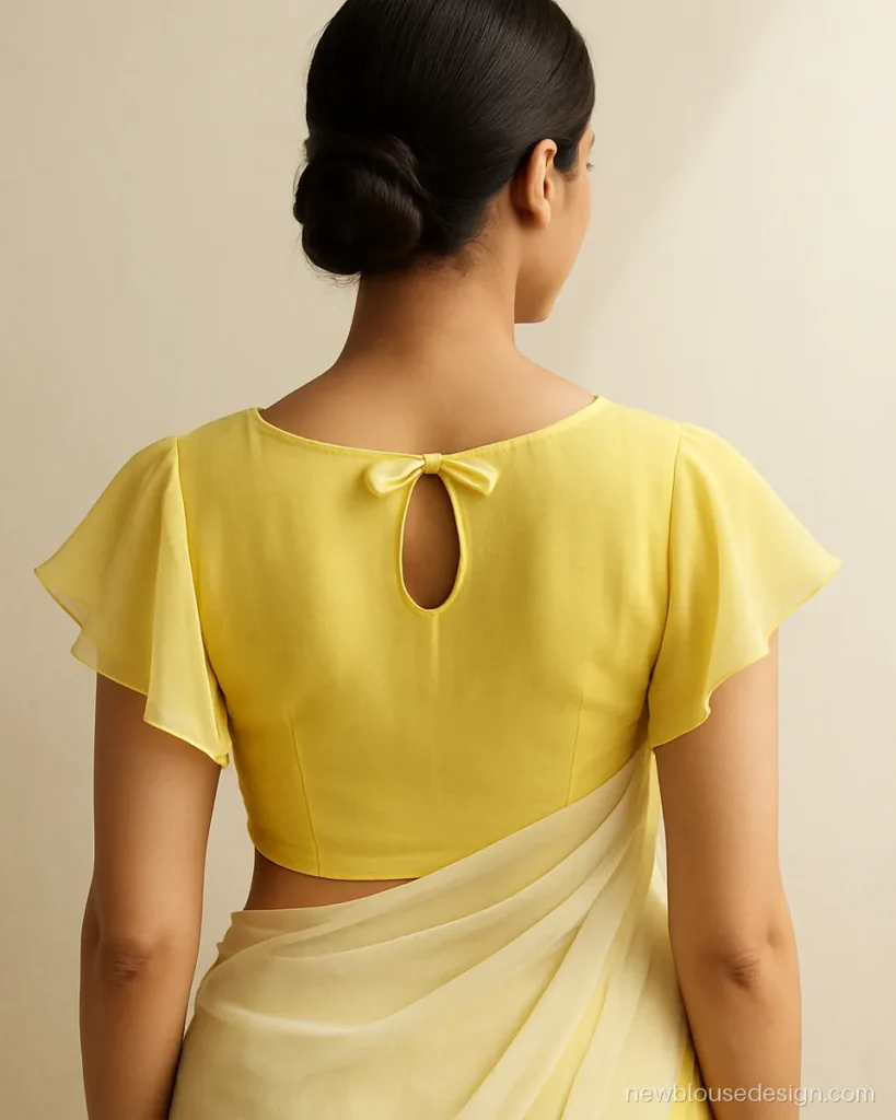 Yellow chiffon blouse back with keyhole and small self-fabric bow