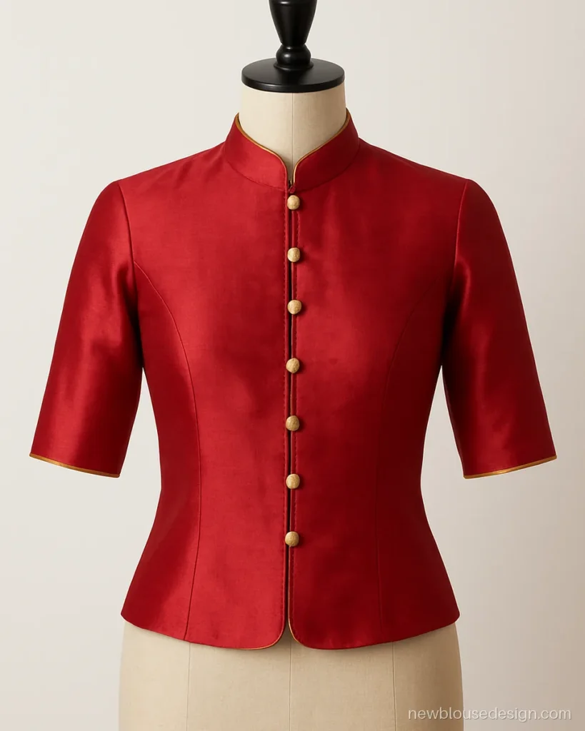 Red silk Chinese collar blouse with gold buttons down the front
