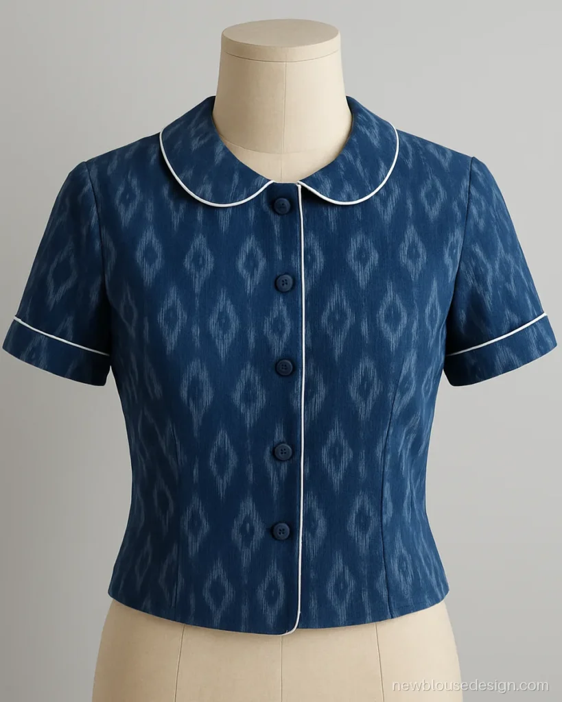 Indigo ikat cotton blouse with round collar and white contrast piping