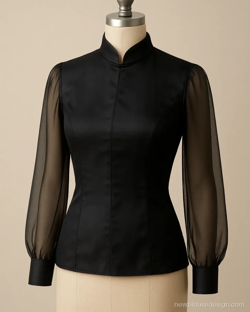 Black silk blouse with Chinese collar and sheer net full sleeves