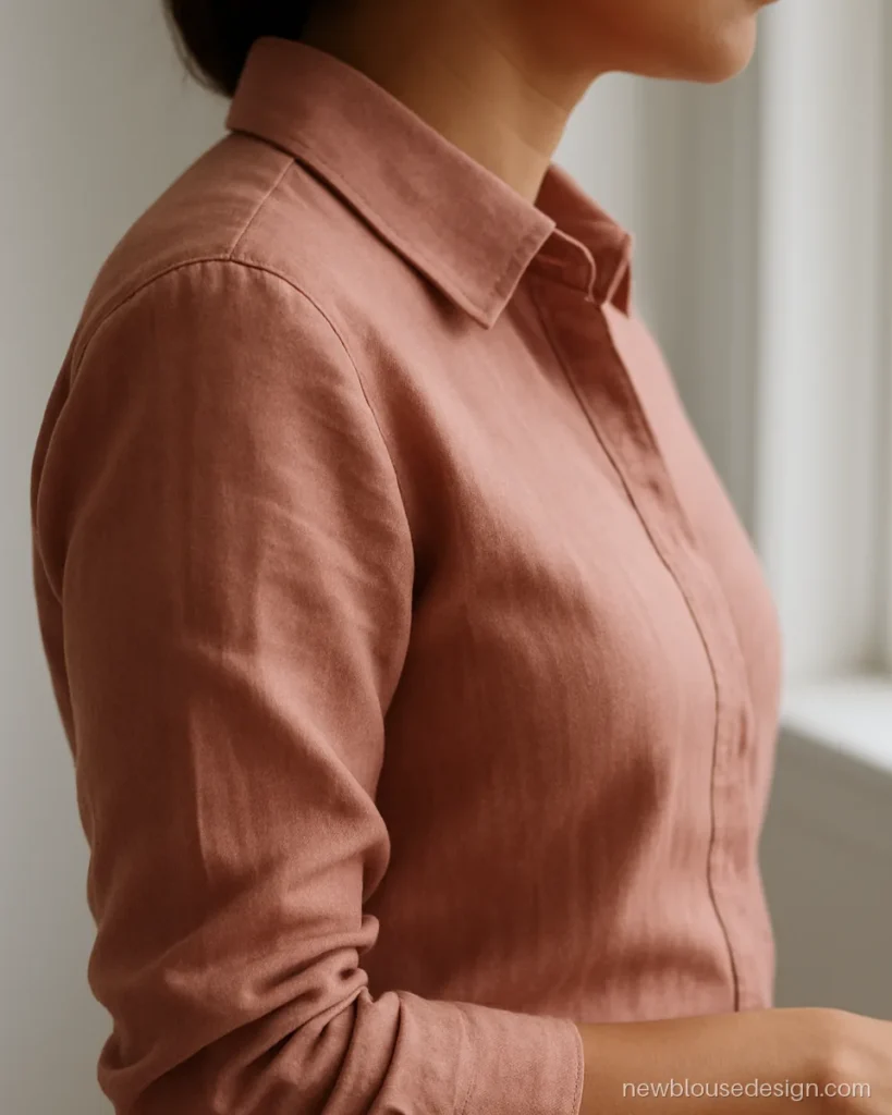 Rose cotton blouse with shirt collar and full sleeves rolled into cuffs