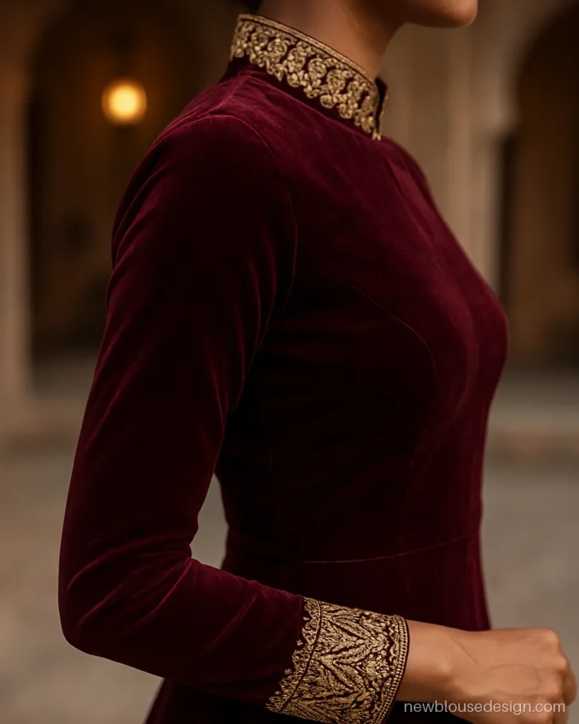 Maroon velvet high neck full sleeve blouse with zardozi collar band