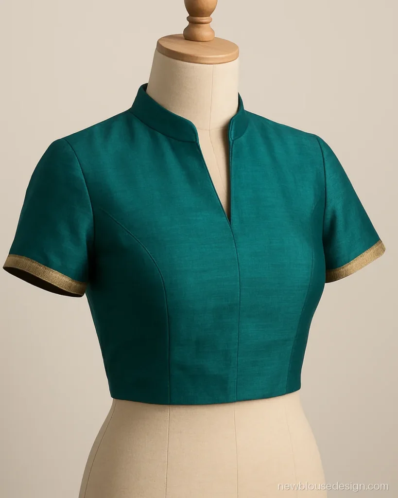 Teal chanderi blouse with half collar opening into a short V at front