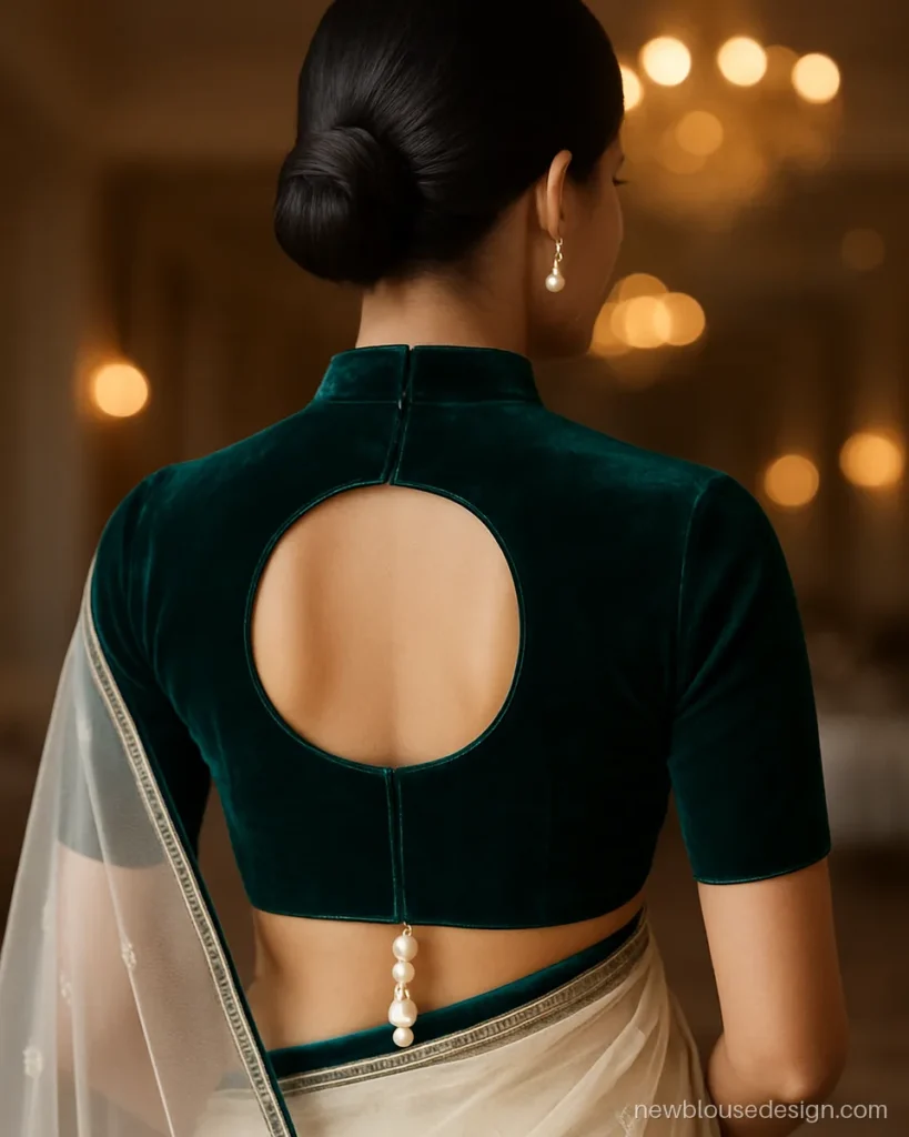 Emerald velvet high neck blouse back with round cut-out and pearl latkan