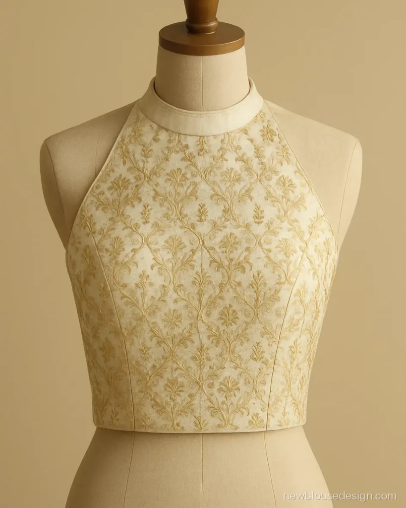 Ivory tissue high neck blouse front with zari jaal and sleeveless cut
